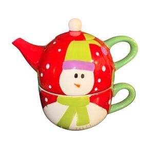 Pier 1 Imports Snowman Stacking Teapot Cup Set For One